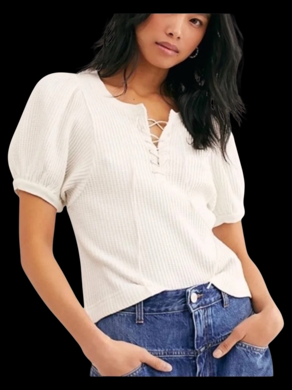 FREE PEOPLE FP One Hayden Thermal Off White Top Laced Neck Puff Sleeves S/M VGUC